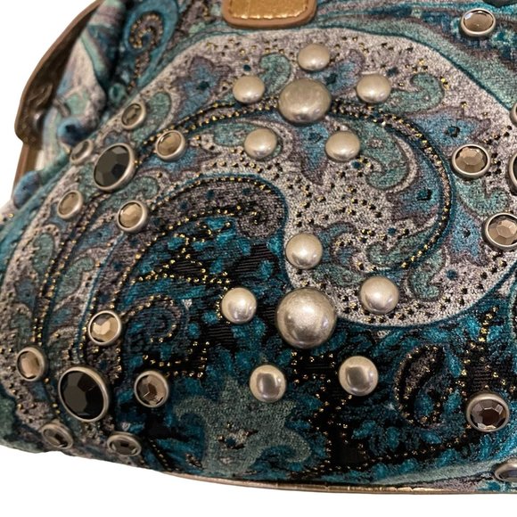 Womens Hand Bag Purse STUDDED EMBELLISHED Gems Embroidered Paisley Print Braided - Picture 13 of 14